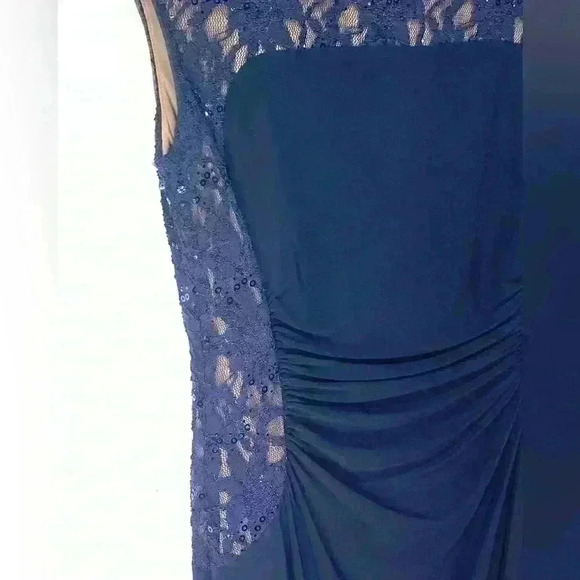Lauren Ralph Lauren Navy Blue Lace Sequin Gathered Stretch Dress - Picture 4 of 9